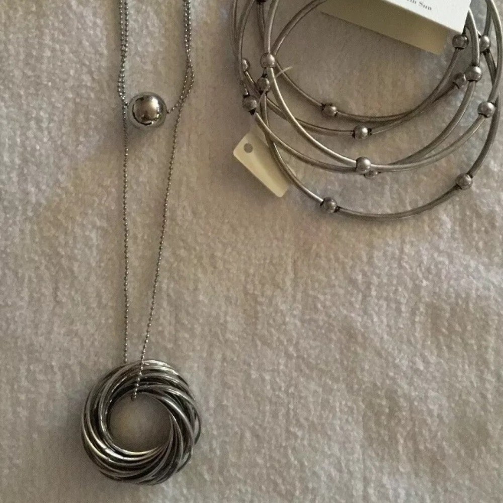 18in Long Silver Ball & Circle Knot Necklace & Earrings  with Bangle Bracelets